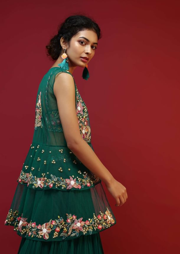 Bottle Green Lehenga Choli And Sleeveless Peplum Jacket Adorned With Colorful Resham And Moti Embroidered Flowers