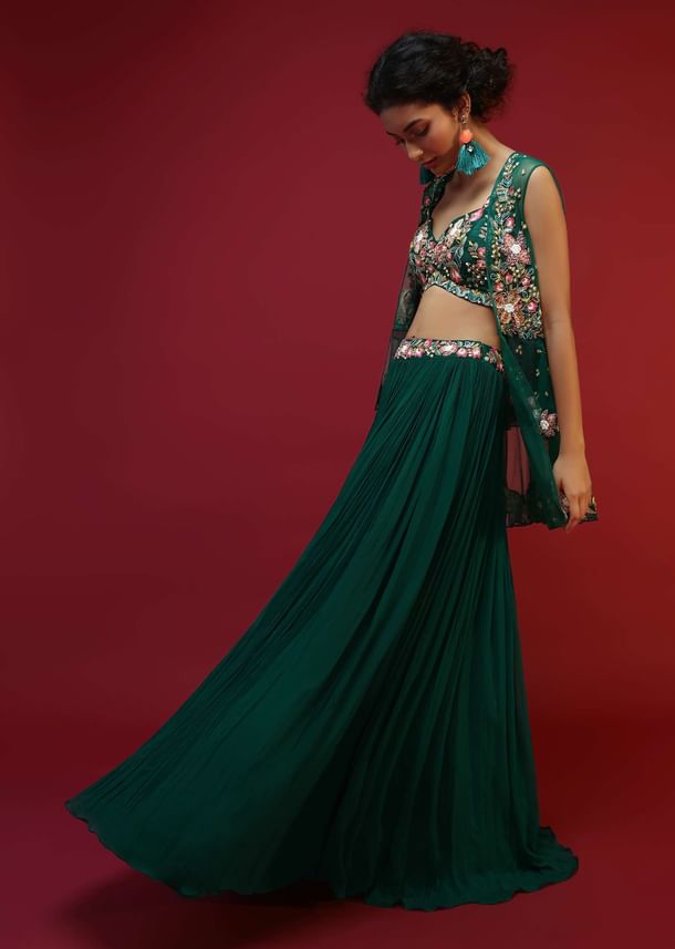 Bottle Green Lehenga Choli And Sleeveless Peplum Jacket Adorned With Colorful Resham And Moti Embroidered Flowers