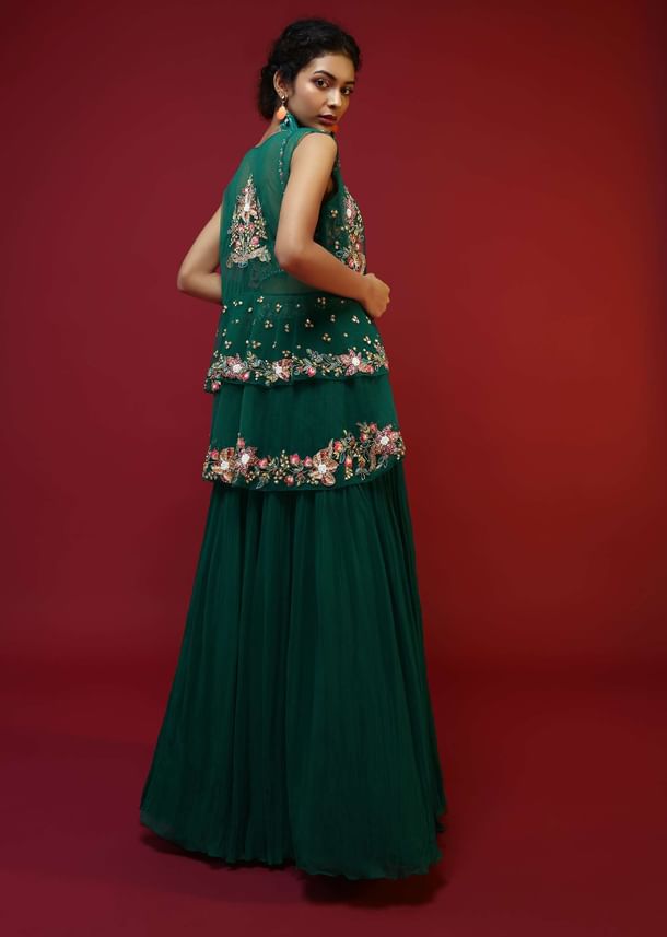 Bottle Green Lehenga Choli And Sleeveless Peplum Jacket Adorned With Colorful Resham And Moti Embroidered Flowers