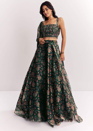 Bottle Green Mirror Work Lehenga Choli Set In Organza Tissue