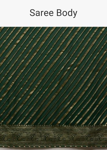 Bottle Green Saree In Georgette With Brocade Woven Diagonal Stripes And Floral Border