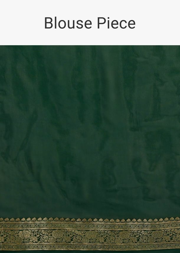 Bottle Green Saree In Georgette With Brocade Woven Diagonal Stripes And Floral Border