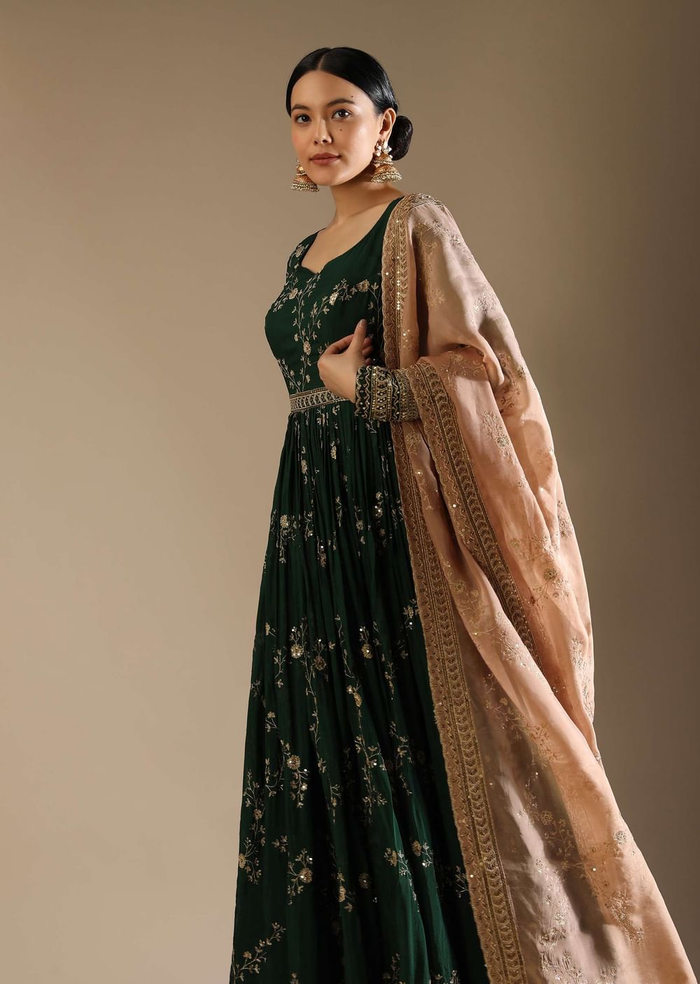 Bottle Green Anarkali Suit In Silk With Zari And Sequins Embroidered Floral Jaal And A Beige Organza Dupatta
