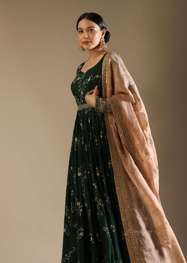 Bottle Green Anarkali Suit In Silk With Zari And Sequins Embroidered Floral Jaal And A Beige Organza Dupatta