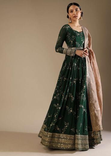 Bottle Green Anarkali Suit In Silk With Zari And Sequins Embroidered Floral Jaal And A Beige Organza Dupatta