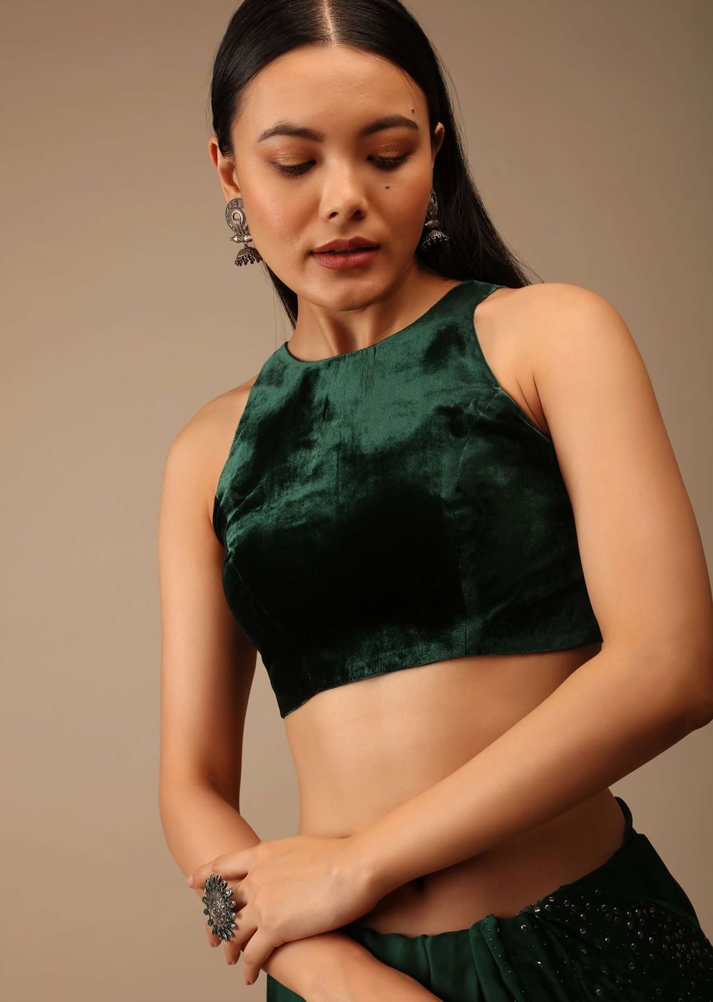 Bottle Green Blouse In Velvet With Halter Neckline And Back Zip Detailing