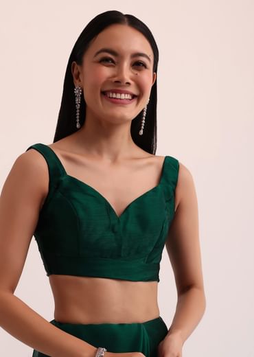 Bottle Green Chinon Saree With Cut Dana Embroidery And Unstitched Blouse