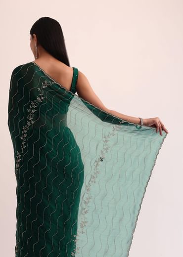Bottle Green Chinon Saree With Cut Dana Embroidery And Unstitched Blouse