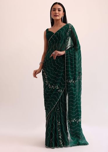 Bottle Green Chinon Saree With Cut Dana Embroidery And Unstitched Blouse