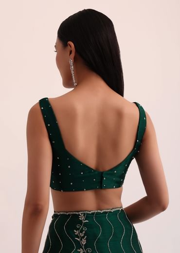 Bottle Green Chinon Saree With Cut Dana Embroidery And Unstitched Blouse