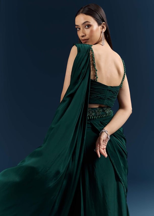 Bottle Green Crepe Ready Pleated Saree With Heavy Embroidery Bottle Green Crepe Ready Pleated Saree With Heavy Embroidery