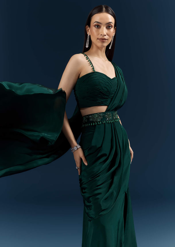 Bottle Green Crepe Ready Pleated Saree With Heavy Embroidery Bottle Green Crepe Ready Pleated Saree With Heavy Embroidery