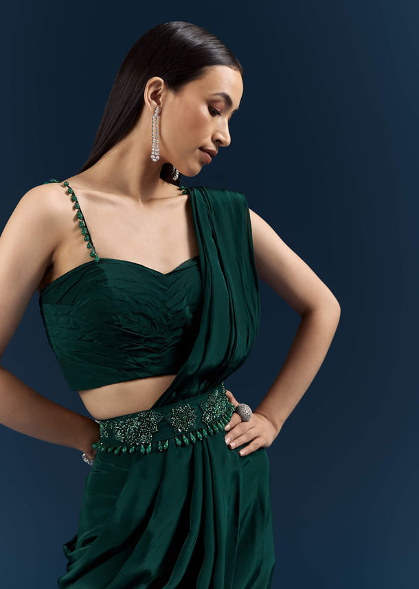 Bottle Green Crepe Ready Pleated Saree With Heavy Embroidery Bottle Green Crepe Ready Pleated Saree With Heavy Embroidery
