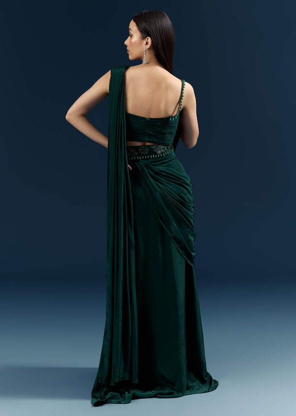 Bottle Green Crepe Ready Pleated Saree With Heavy Embroidery Bottle Green Crepe Ready Pleated Saree With Heavy Embroidery