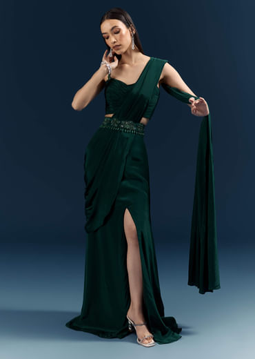 Bottle Green Crepe Ready Pleated Saree With Heavy Embroidery