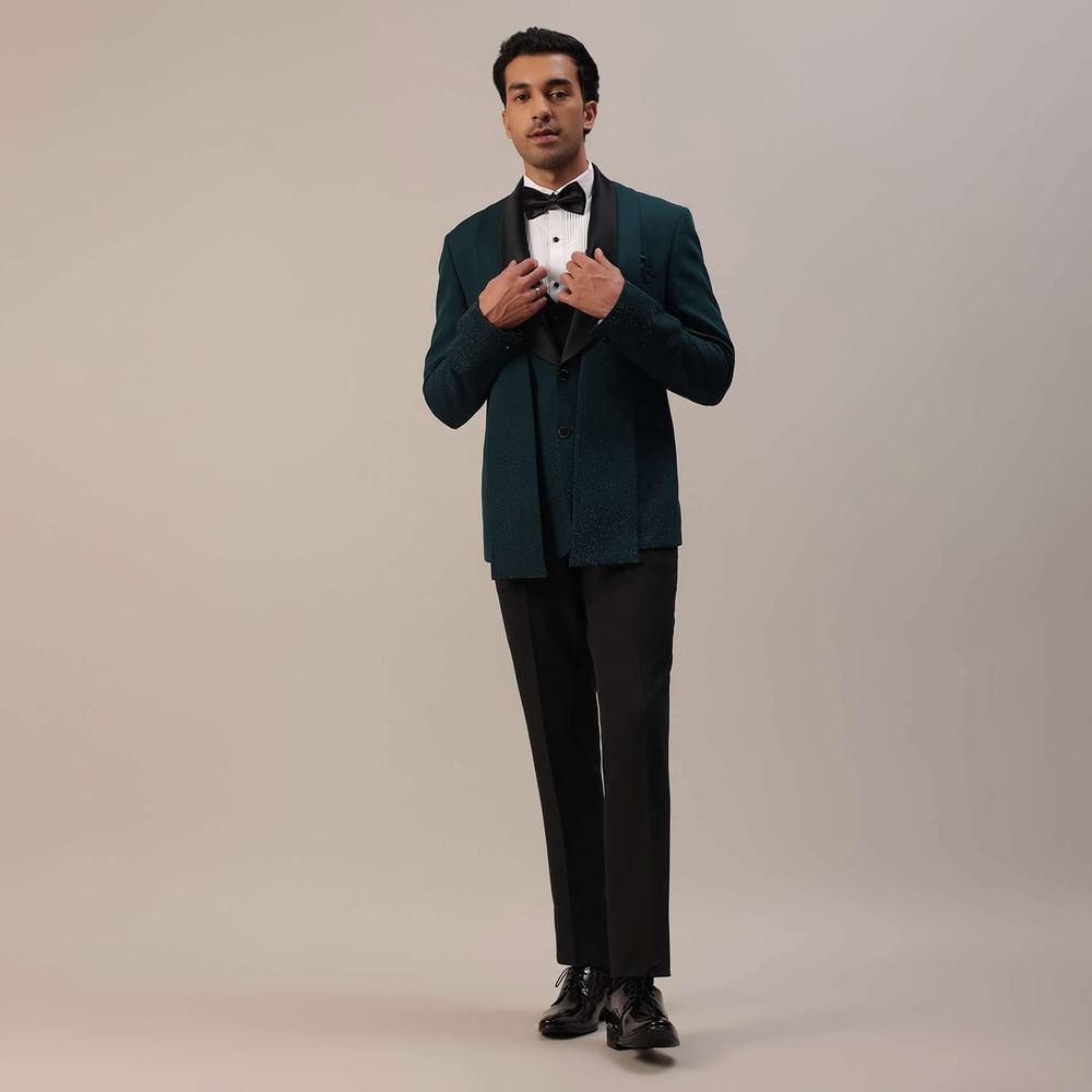 Bottle Green Crystal Studded Tuxedo Set In Polyester