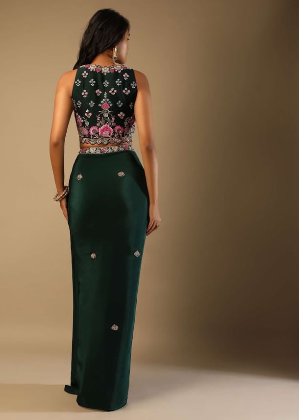 Bottle Green Dhoti Skirt And Choli With Multi Colored Hand Embroidery In Floral Motifs