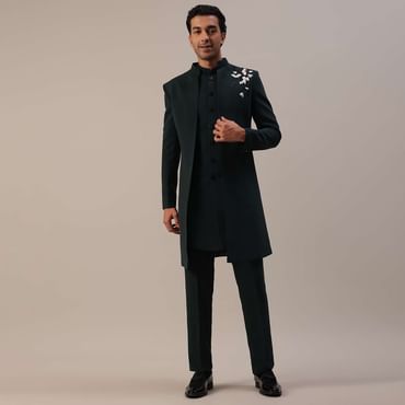 Bottle Green Embroidered Indowestern In Suiting Fabric