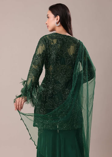 Bottle Green Fancy Sequins Palazzo Suit