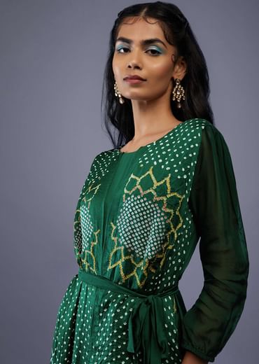 Bottle Green Gajji Silk Attached Shrug With Silk Jumpsuit