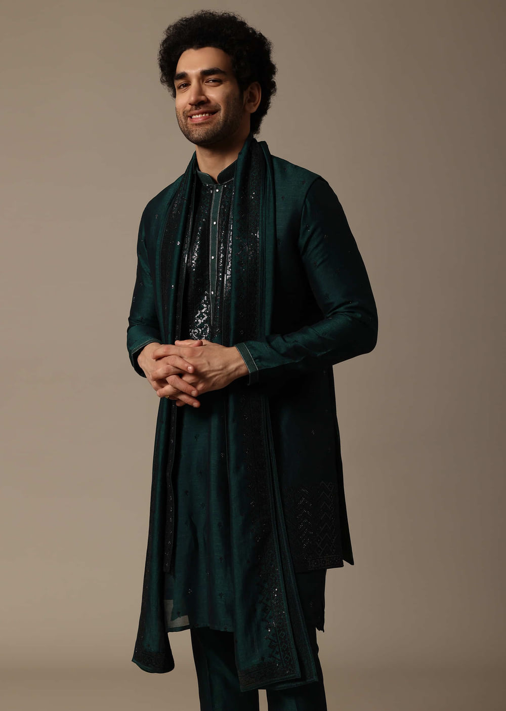 Bottle Green Kurta Jacket Set In Sequins For Men