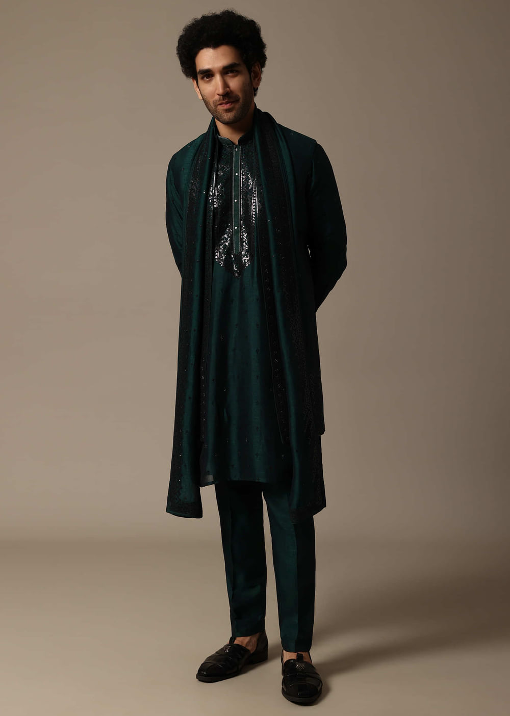 Bottle Green Kurta Jacket Set In Sequins For Men