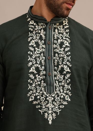 Bottle Green Linen Kurta And Pant Set With Floral Resham