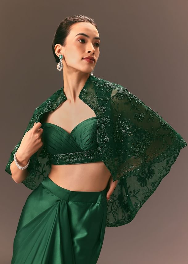 Bottle Green Net Hand Work Fusion Draped Skirt Set Bottle Green Net Hand Work Fusion Draped Skirt Set