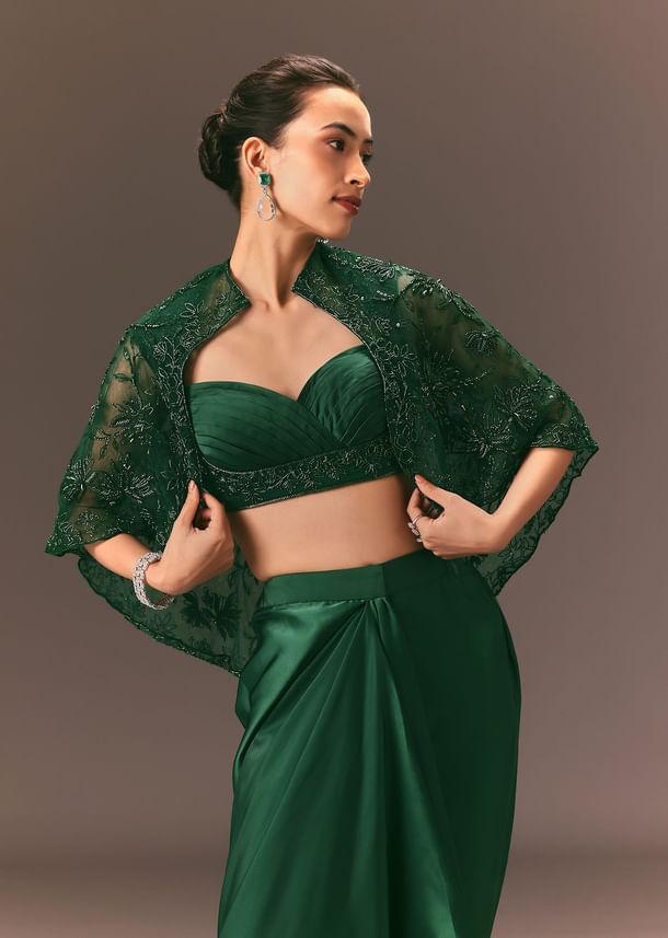 Bottle Green Net Hand Work Fusion Draped Skirt Set Bottle Green Net Hand Work Fusion Draped Skirt Set