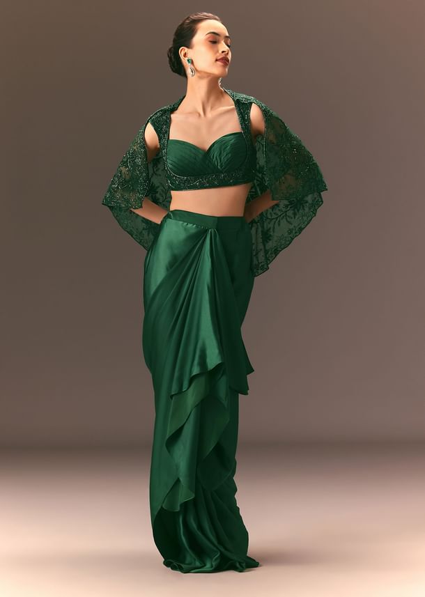 Bottle Green Net Hand Work Fusion Draped Skirt Set Bottle Green Net Hand Work Fusion Draped Skirt Set