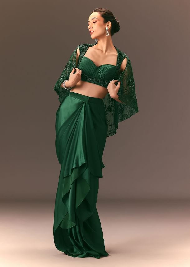 Bottle Green Net Hand Work Fusion Draped Skirt Set Bottle Green Net Hand Work Fusion Draped Skirt Set