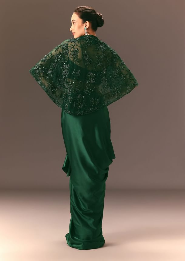 Bottle Green Net Hand Work Fusion Draped Skirt Set Bottle Green Net Hand Work Fusion Draped Skirt Set