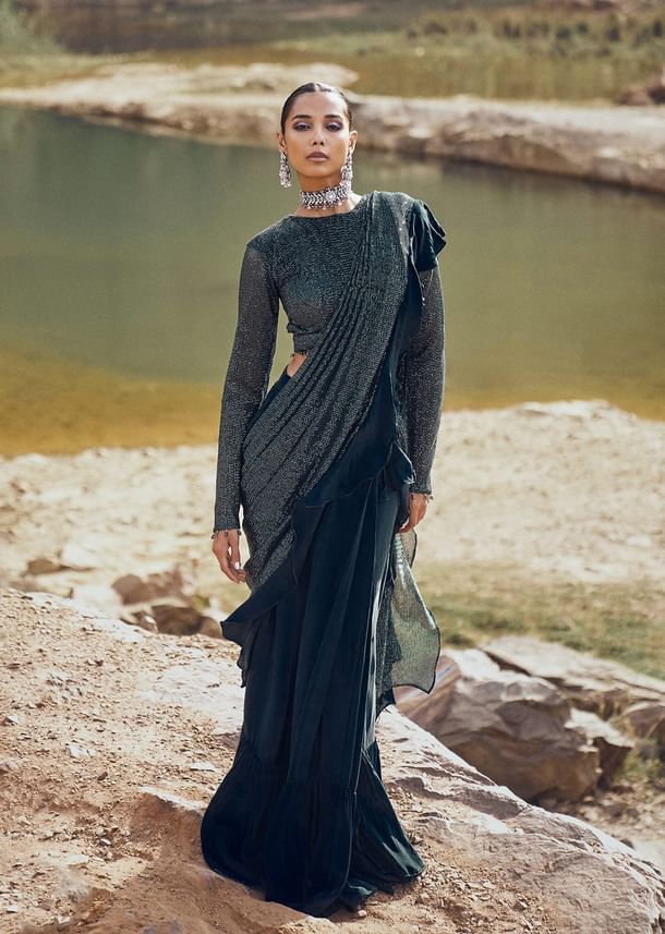 Bottle Green Pre Stitched Frill Saree With Blouse Bottle Green Pre Stitched Frill Saree With Blouse