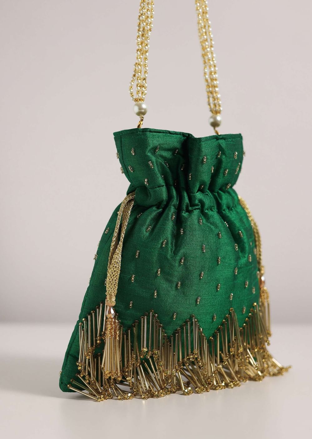 Bottle Green Raw Silk Potli Bag With Handworked Handle
