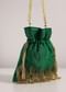 Bottle Green Raw Silk Potli Bag With Handworked Handle
