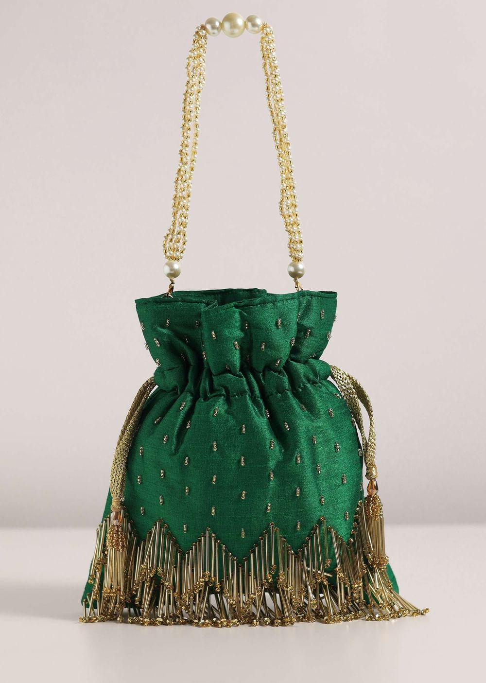 Bottle Green Raw Silk Potli Bag With Handworked Handle