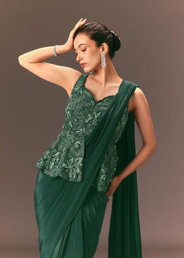 Bottle Green Raw Silk Pre Stitched Saree With Peplum Blouse