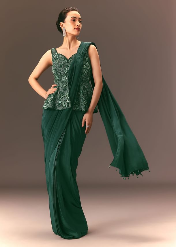Bottle Green Raw Silk Pre Stitched Saree With Peplum Blouse