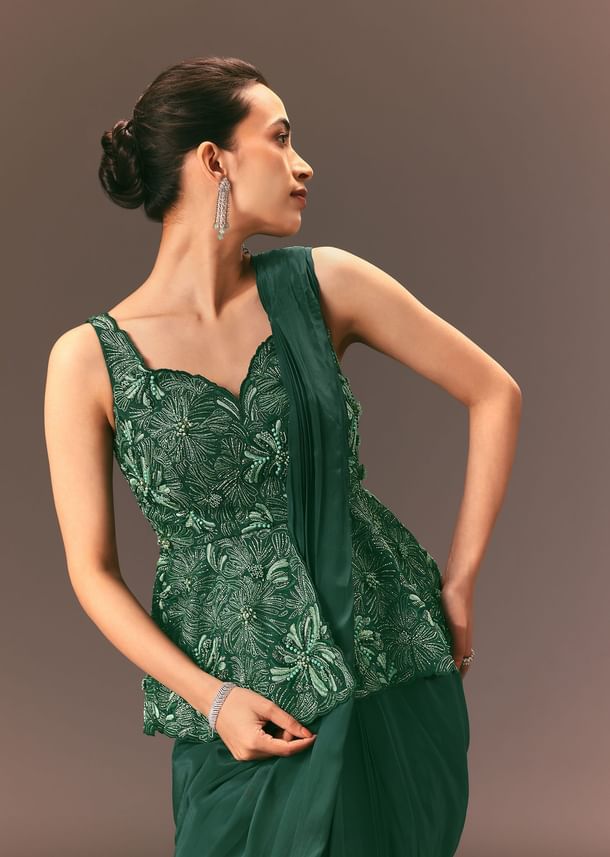 Bottle Green Raw Silk Pre Stitched Saree With Peplum Blouse