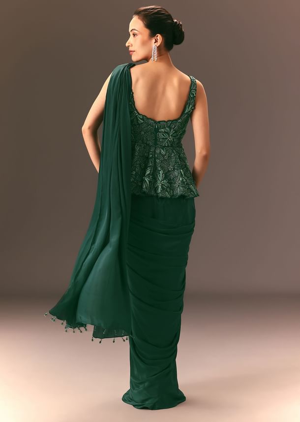Bottle Green Raw Silk Pre Stitched Saree With Peplum Blouse