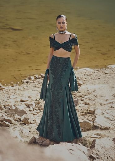 Bottle Green Shoulder Sleeve Blouse With Skirt And Dupatta