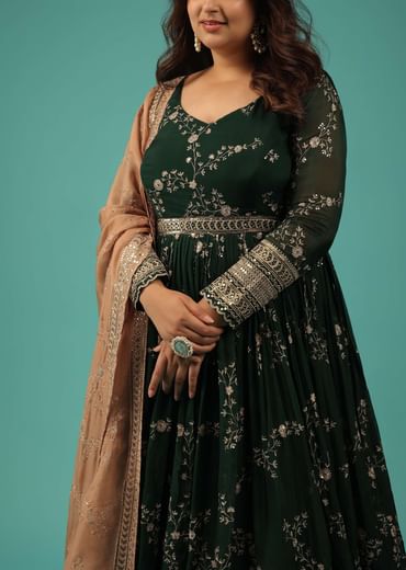 Bottle Green Silk Anarkali Suit With Zari And Sequins Work Along With Embroidered Floral Jaal