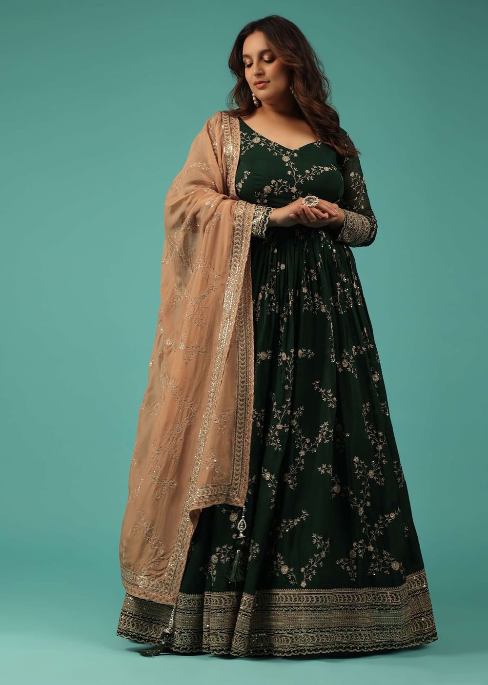 Bottle Green Silk Anarkali Suit With Zari And Sequins Work Along With Embroidered Floral Jaal