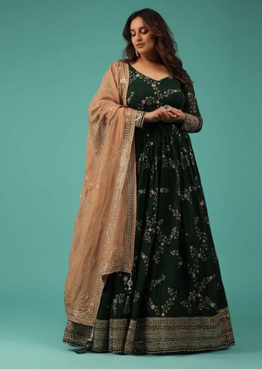 Bottle Green Silk Anarkali Suit With Zari And Sequins Work Along With Embroidered Floral Jaal