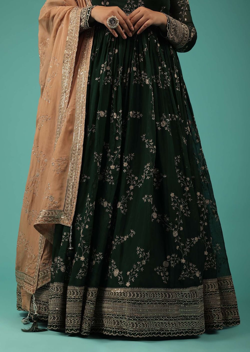 Bottle Green Silk Anarkali Suit With Zari And Sequins Work Along With Embroidered Floral Jaal