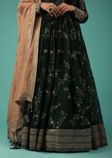 Bottle Green Silk Anarkali Suit With Zari And Sequins Work Along With Embroidered Floral Jaal