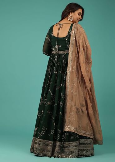 Bottle Green Silk Anarkali Suit With Zari And Sequins Work Along With Embroidered Floral Jaal