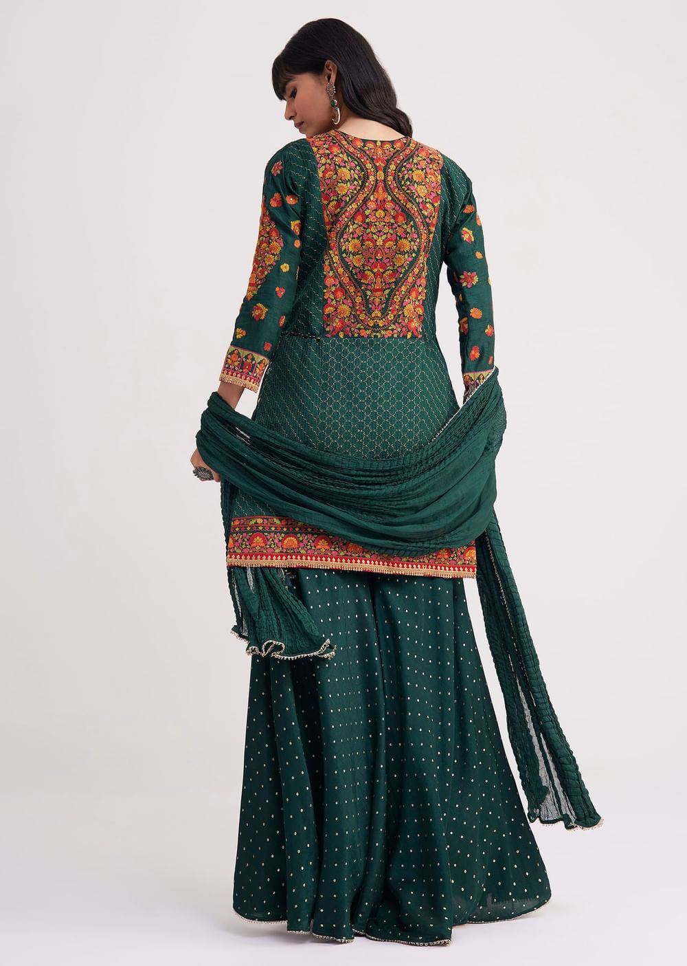 Bottle Green Silk Kurta Sharara With Chiffon Dupatta