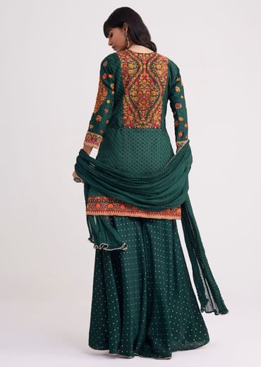 Bottle Green Silk Kurta Sharara With Chiffon Dupatta