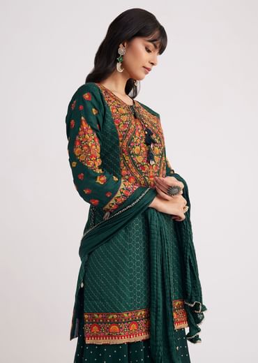 Bottle Green Silk Kurta Sharara With Chiffon Dupatta